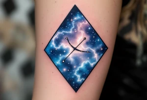 A Sagittarius constellation inside a geometric diamond frame with navy and silver nebula effects in the background. tattoo idea