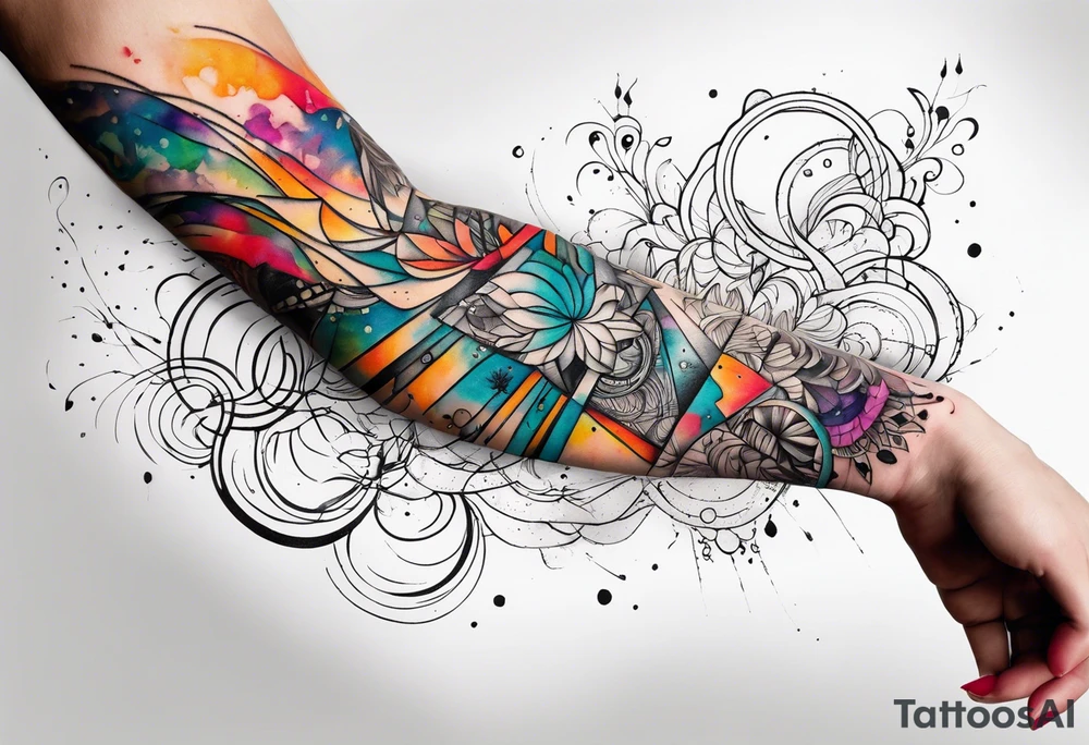 flowing abstract large forearm tattoo with lines, splatters, circles tattoo idea