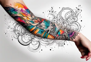 flowing abstract large forearm tattoo with lines, splatters, circles tattoo idea