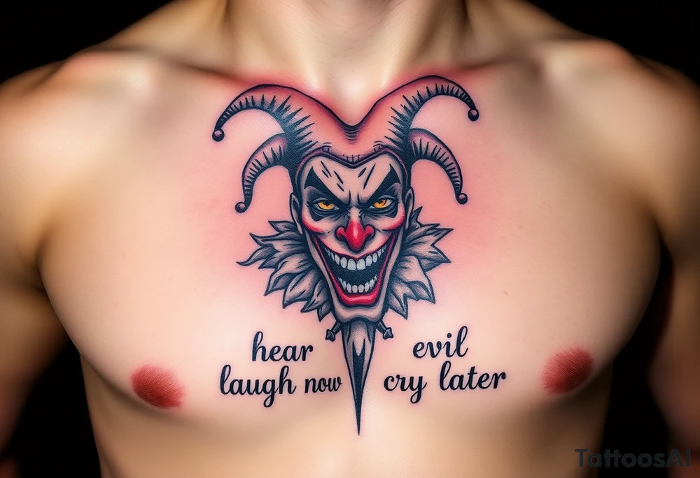 jester see no evil hear no evil speak no evil laugh now cry later tattoo idea