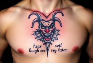 jester see no evil hear no evil speak no evil laugh now cry later tattoo idea