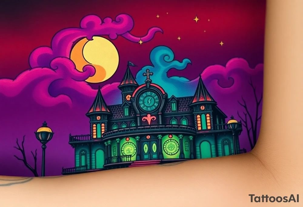 Tim Burton’s haunted casino is abandoned and dripping with muted reds, dusty pinks, and eerie green glow.purple and cyan smokey clouds swirl in the crescent moonlit sky thats sprinkled with stars tattoo idea tattoo idea