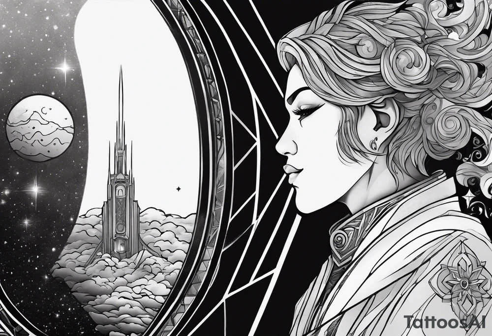 Jehovah looking out at the marvels of his creation from the atoms to the galaxy and celestial beings. With grey wash and a fantasy theme. Jehovah has to be a character who is so majestic, charismatic, immensely powerful. There isnt a single thing he isnt capable of doing. Infinitely powerful forward facing tattoo idea
