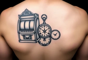 Slot machine next to pocket watch and compass tattoo idea
