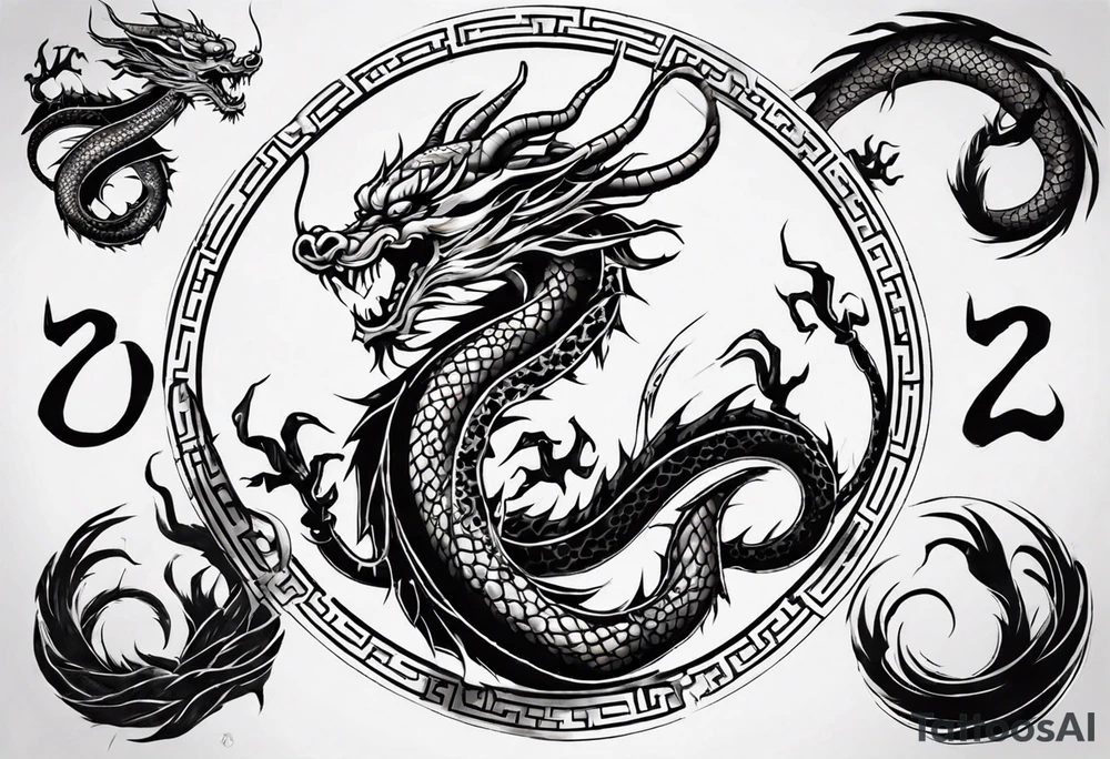 Chinese dragon in a circular shape with "02.03" written on its skin tattoo idea