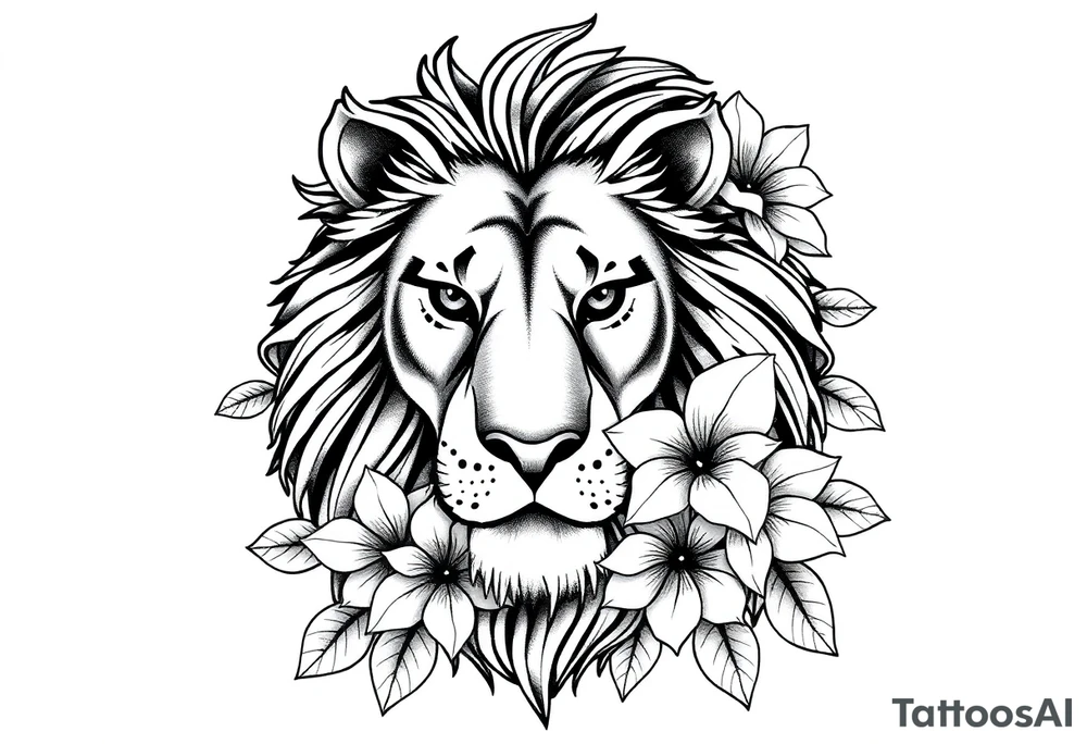 Lion with jasmine flowers around it tattoo idea