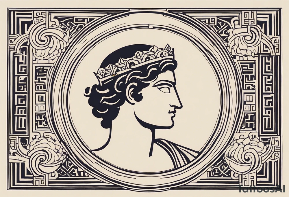 "Craft a minimalist tattoo design in the style of ancient Greek art, featuring Dionysus with his affection for theater. Depict Dionysus in a simplified yet elegant form, reminiscent of classical Greek sculpture, holding a theatrical mask and a goblet of wine. Surround him with subtle geometric patterns or motifs inspired by ancient Greek pottery, such as meanders or key patterns. Ensure the design maintains a minimalist aesthetic while incorporating elements that evoke the sophistication and timelessness of Greek art, capturing Dionysus's connection to both wine and theater in a visually striking manner." tattoo idea