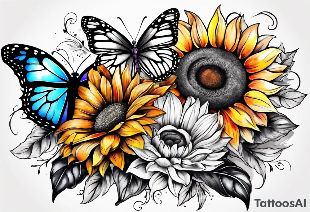 arm sleeve with cross, rainbow sunflowers and butterflies tattoo idea