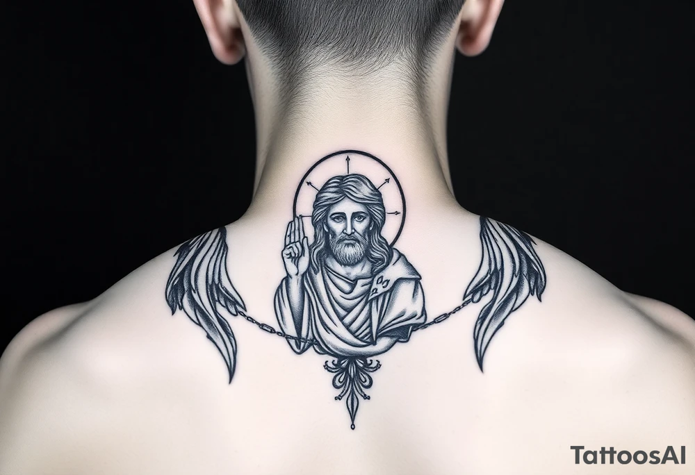 russian orthodox symmetrical guardian angel icon on left and right side of back with both angels holding up a jesus potrait tattoo idea