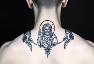 russian orthodox symmetrical guardian angel icon on left and right side of back with both angels holding up a jesus potrait tattoo idea