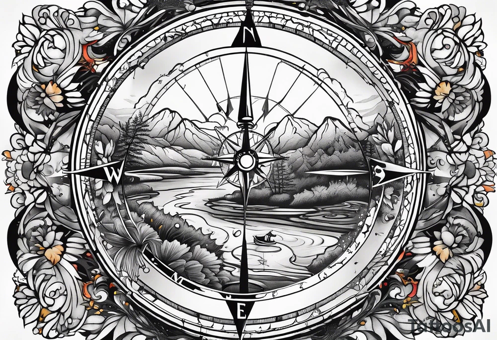 vintage compass with river falling over it tattoo idea