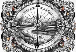 vintage compass with river falling over it tattoo idea