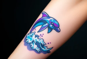 A pixelated dolphin emerging from digital waves, with cyberpunk hues of neon blue and purple tattoo idea