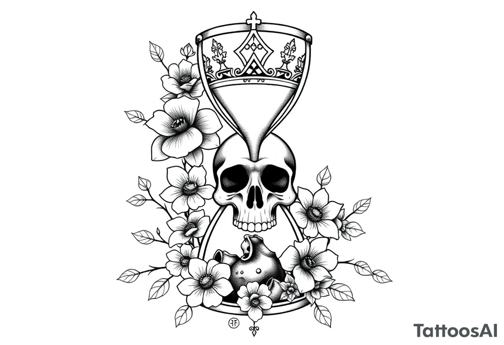 Hourglass with detailed beautiful gothic boho flowers on vine and skull with gorgeous crown tattoo idea