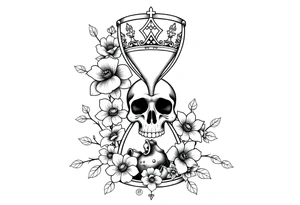 Hourglass with detailed beautiful gothic boho flowers on vine and skull with gorgeous crown tattoo idea