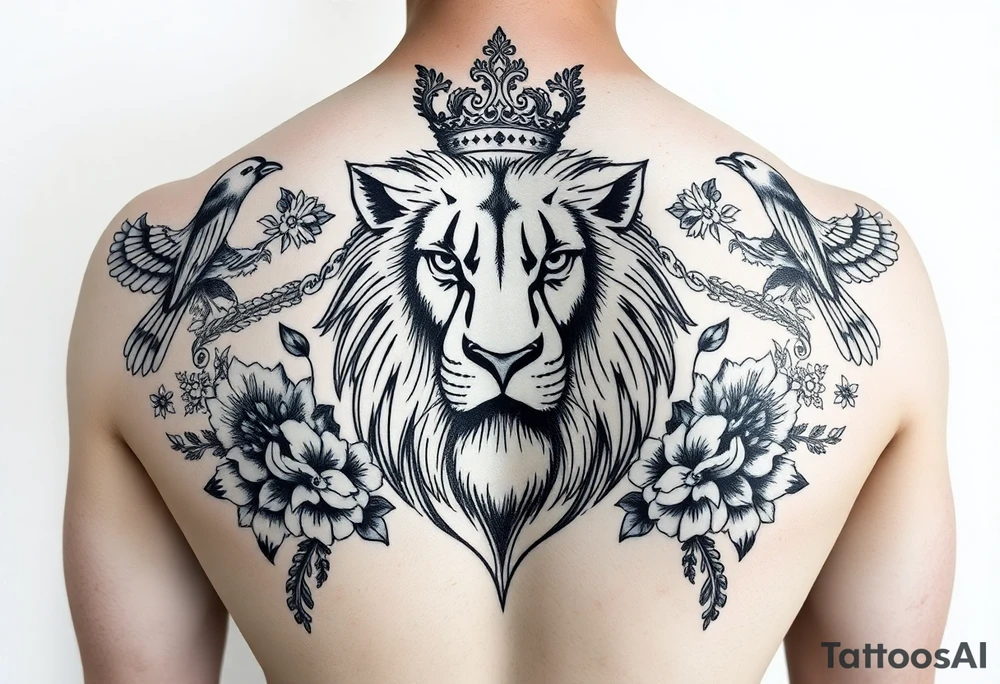 powerful majestic lion with a crown, surrounded by floral ornaments and birds tattoo idea