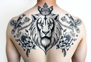 powerful majestic lion with a crown, surrounded by floral ornaments and birds tattoo idea