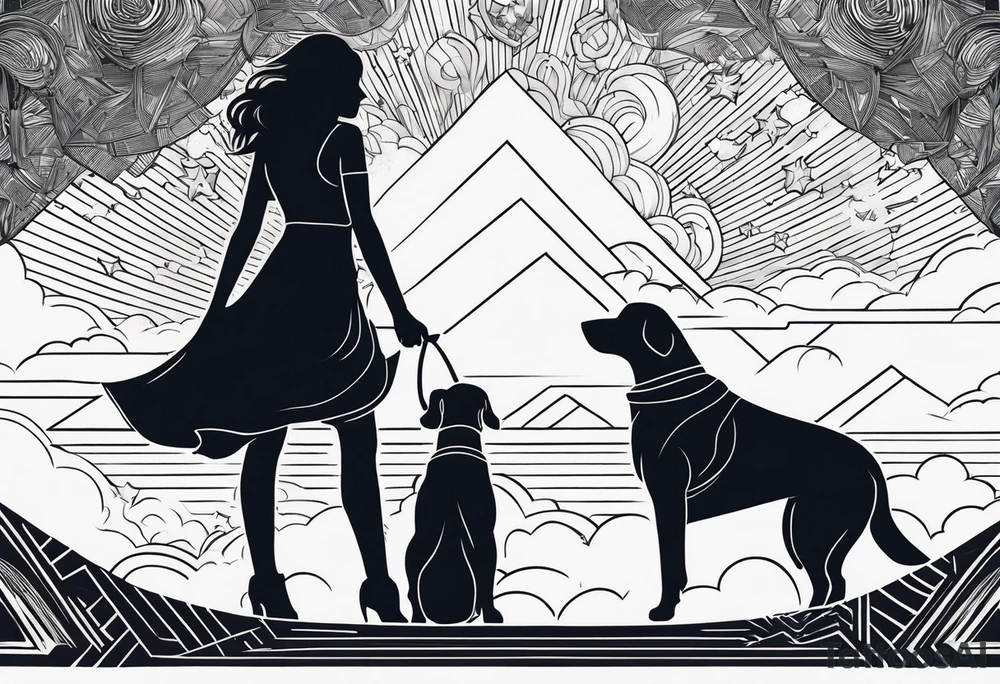 dog in the sky reaching hand of a woman and woman as her back facing us tattoo idea