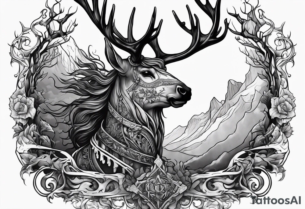 Hooded figure riding on a reindeer skeleton tattoo idea