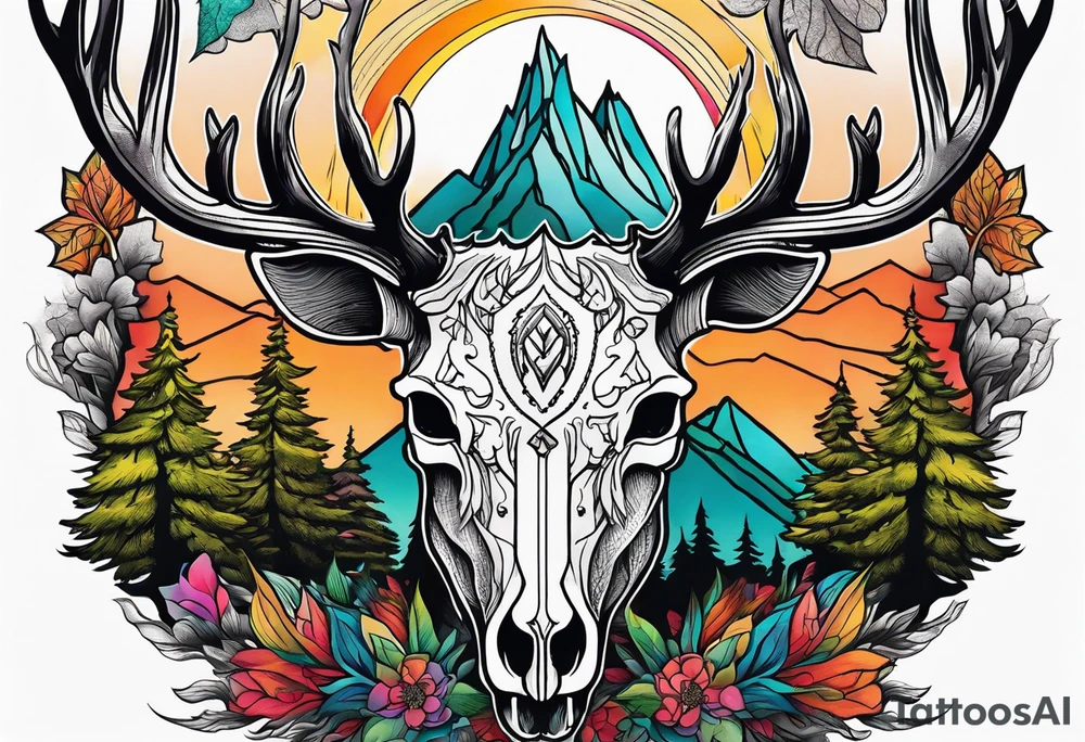 deer skull mountain trees tattoo idea
