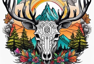 deer skull mountain trees tattoo idea