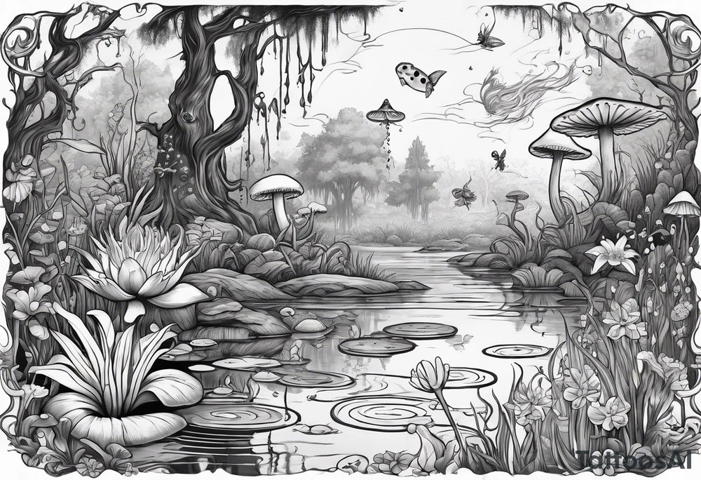 A swamp that has cypress trees, mushrooms, wild flowers, lily pads, frogs, and bugs with a mermaid in the background that is singing music. tattoo idea