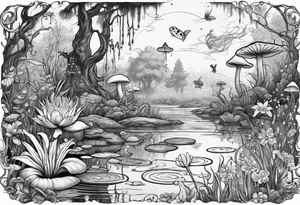 A swamp that has cypress trees, mushrooms, wild flowers, lily pads, frogs, and bugs with a mermaid in the background that is singing music. tattoo idea