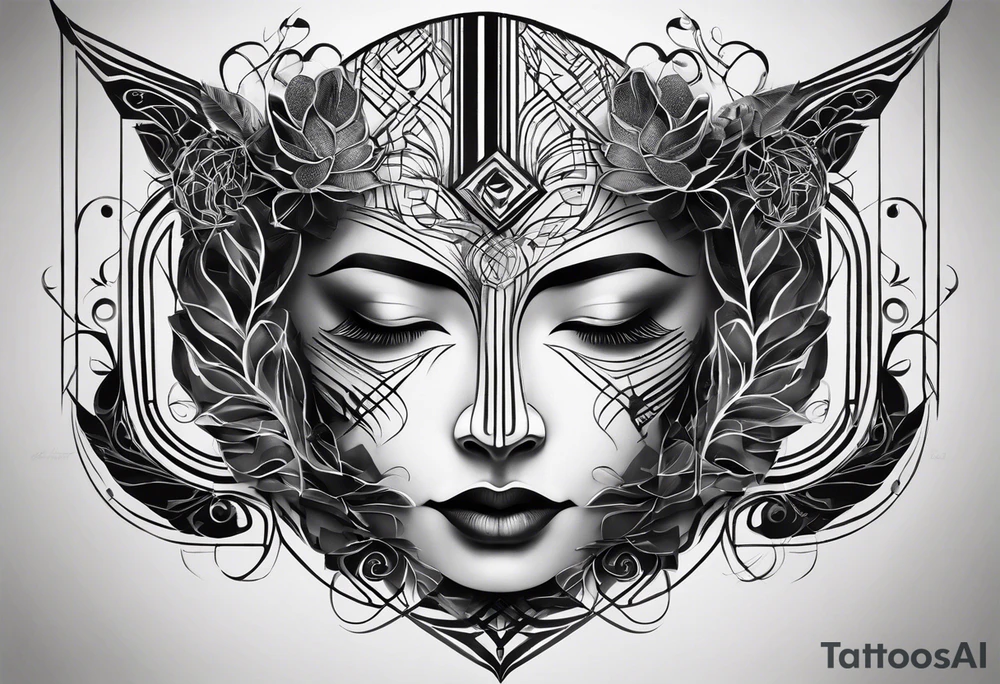 "An intricate tattoo design for the shoulder and upper arm, blending two abstract faces that merge, representing the balance between strength and sensitivity. Geometric lines flow into organic, free-form shapes like branches or smoke, signifying a journey between structure and freedom. One of the faces subtly morphs into a hand, with cracks and details showing the theme of reconstruction or transformation. In the background, delicate engravings of ancient ruins or castle arches add a timeless, introspective feel, with soft shadowing and bold outlines for an impactful, symbolic look. tattoo idea