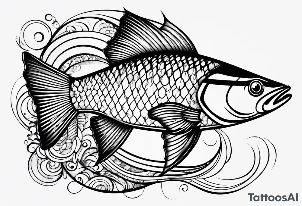 simple fishingrod with the line in water tattoo idea