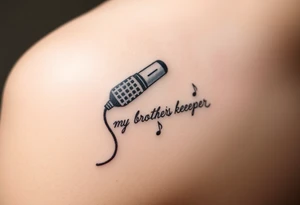 A microphone end of cord drawing the words “My brothers keeper” and music notes tattoo idea