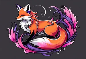 Kitsune fox with 9 tails, with purple-pink flames around it. Full position, positioned on arm, below the elbow tattoo idea