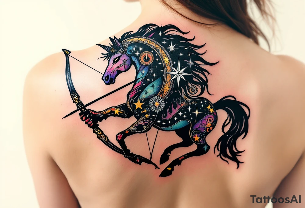 A half-human, half-horse centaur silhouette holding a bow, with the Sagittarius stars in metallic white across the chest. tattoo idea