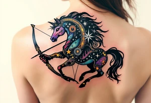 A half-human, half-horse centaur silhouette holding a bow, with the Sagittarius stars in metallic white across the chest. tattoo idea