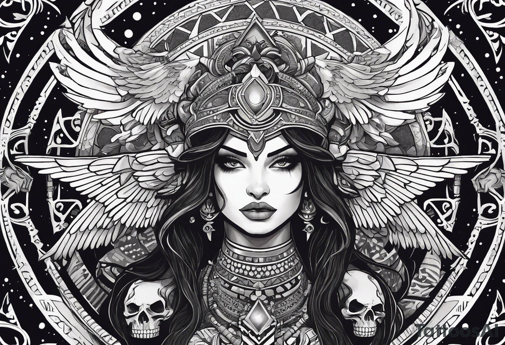 black kali, goddess pirate, alien, angel, pachamama, valkrye, warrior, flying, skull, lotus azul, wing, eagle, zenza resonance, stars, 5D, anahata chakra, death, durga, riding on a tiger, flying lady tattoo idea