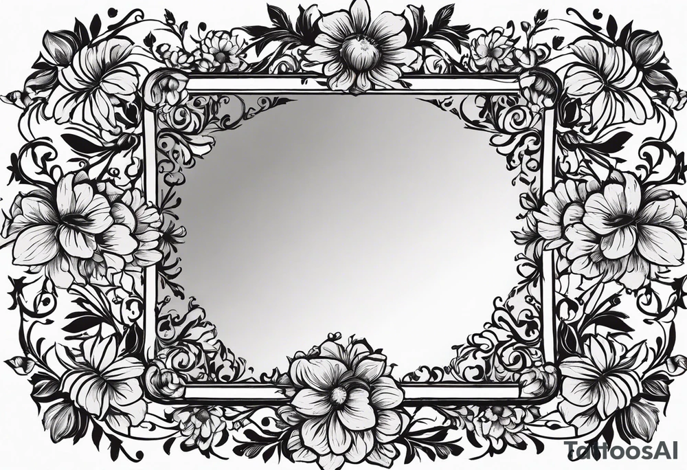 My idea is roughly a square mirror, surrounded by flowers. In the mirror, near the upper right corner, there is an eye (with a passionate, fiery feeling). The flowers are positioned in the upper left corner and the lower right corner. The floral arrangement would have leaves under the flowers, with a rose in the upper left and a daisy in the lower right. I'll add more details around the eye. I want the face to be very blurred, almost invisible, with only the eye being particularly clear, as if the entire face is backlit but the eye remains sharply in focus. Overall, I want to create the feeling that I am looking at this mirror. tattoo idea