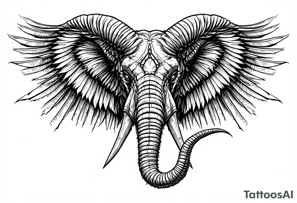 A hieroglyphic, detailing an African elephant with horns and wings that resemble that are a falcons tattoo idea