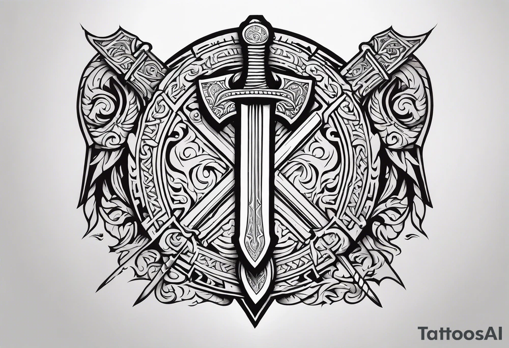 Valhalla viking gods shield hatchet sword tattoo idea