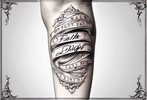 Horizontal inner bicep tattoo. “walk by faith, not by sight” stairwell wrapping around the quote. This design captures the essence of the journey guided by faith. tattoo idea