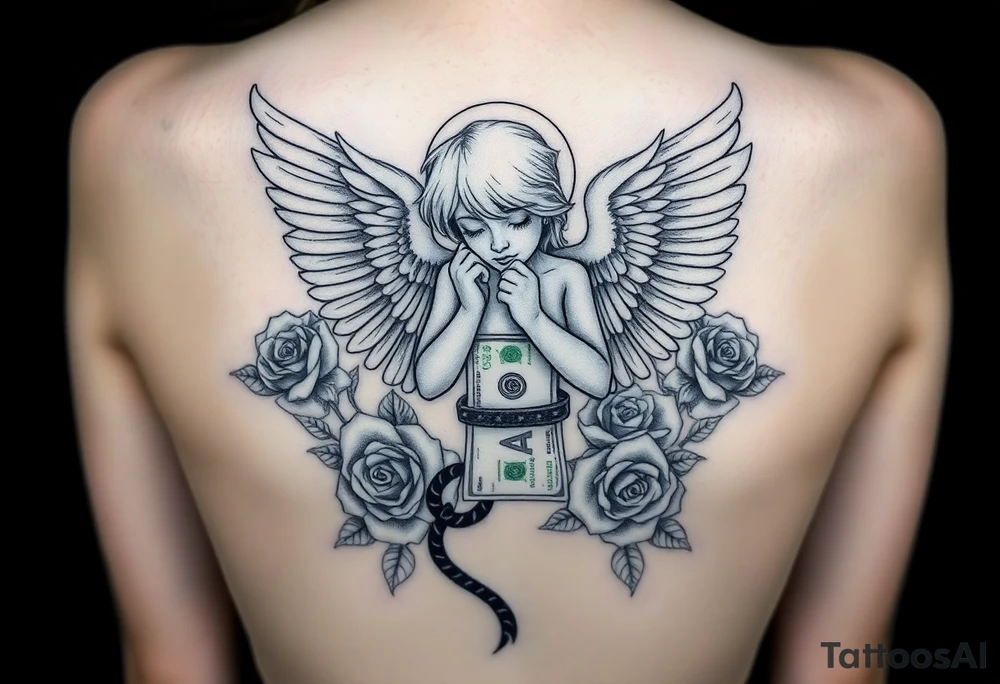 angel handcuffed ,money notes, roses around all tattoo idea