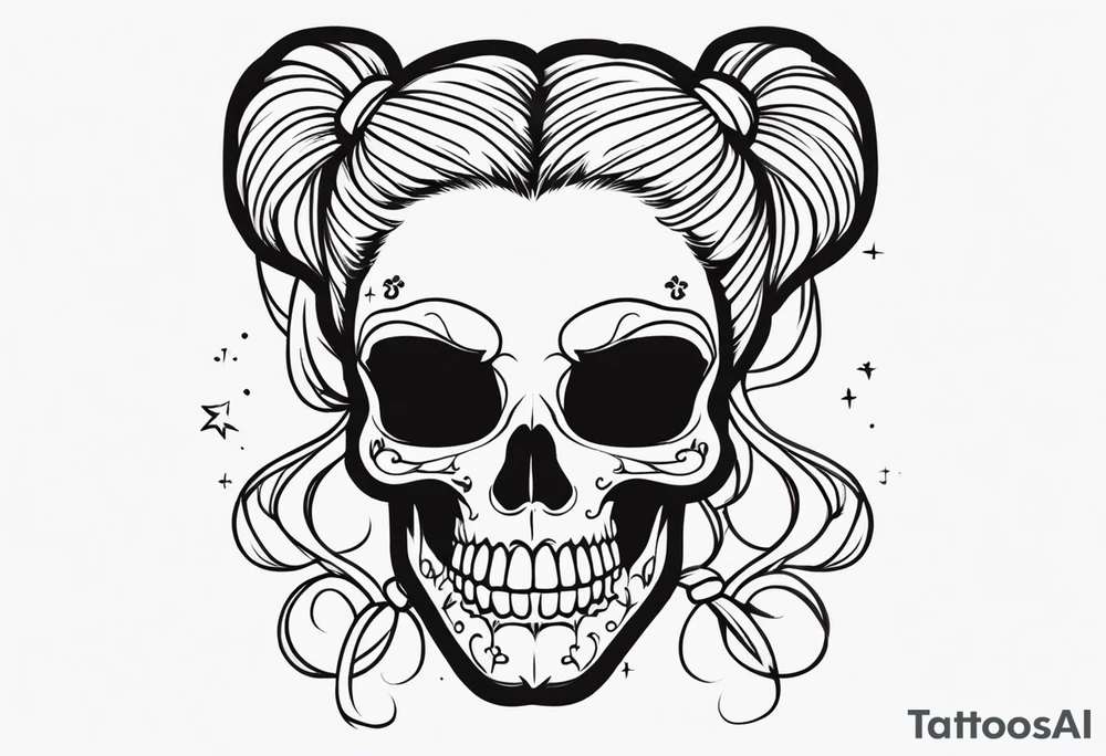 feminine skull and cross bones with hair in two blonde pigtails tattoo idea