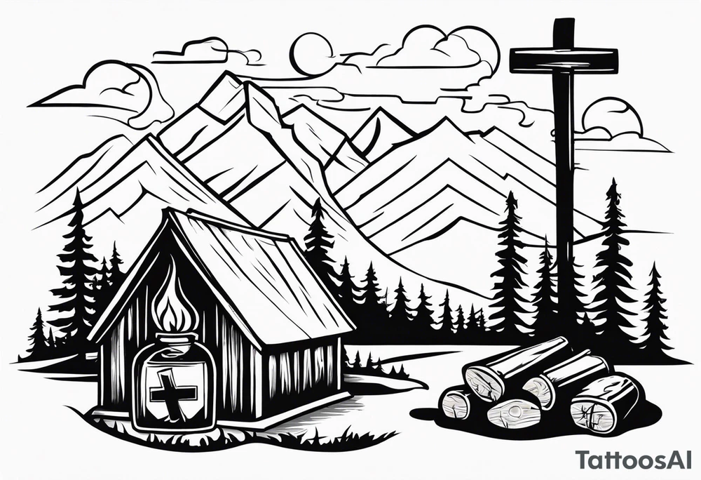 cross, campfire, golf , whiskey glass, cabin tattoo idea