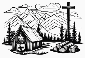 cross, campfire, golf , whiskey glass, cabin tattoo idea
