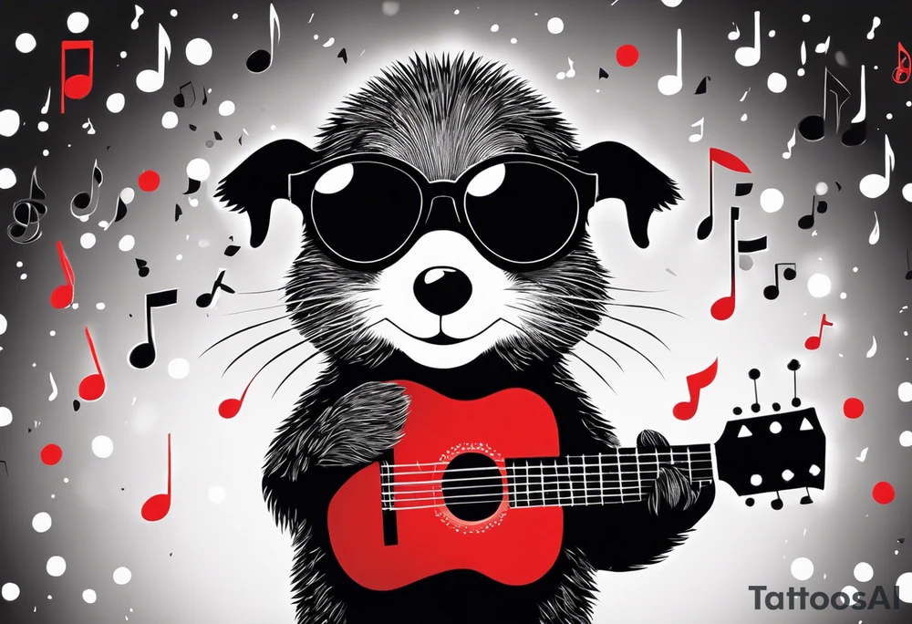 Black and white silhouette illustration of a whimsical chibi mole wearing sunglasses and holding a small red guitar-shaped object. The mole is looking upwards to the right, with its features simplified and stylized. The background is filled with abstract, glowing music note-shaped bokeh lights, creating a sense of warmth and affection. The focus remains on the mole, with the contrasting bokeh shapes enhancing the playful and dreamy atmosphere. The overall design emphasizes simplicity and charm in a striking black-and-white silhouette style. tattoo idea