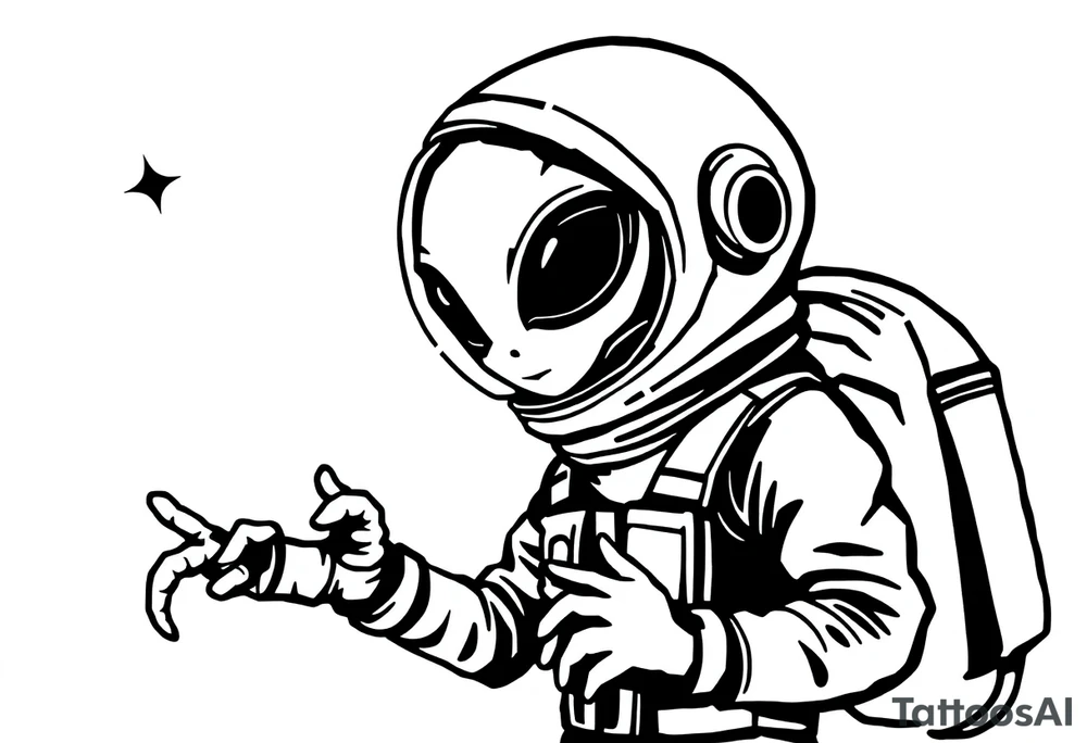 A silhouette stencil style drawing of a cute alien and astronaut tattoo idea