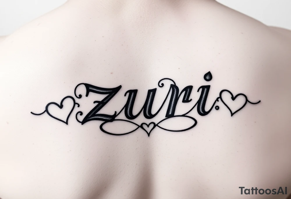 the name zuri in small
letters and a cool design,also add hearts or something to symbolize a deep bond and relationship tattoo idea