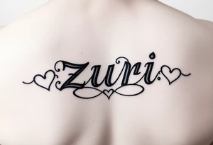 the name zuri in small
letters and a cool design,also add hearts or something to symbolize a deep bond and relationship tattoo idea