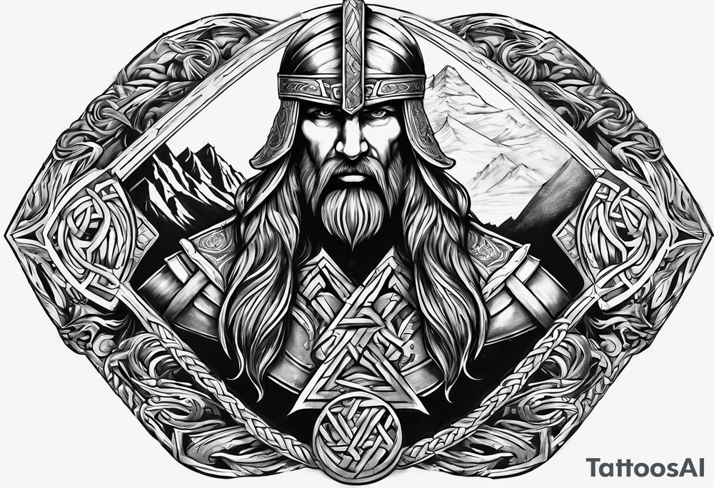 Valhalla sword round axe Valknut steps fire chains tattoo idea Valhalla sword round axe Valknut steps fire chains tattoo idea