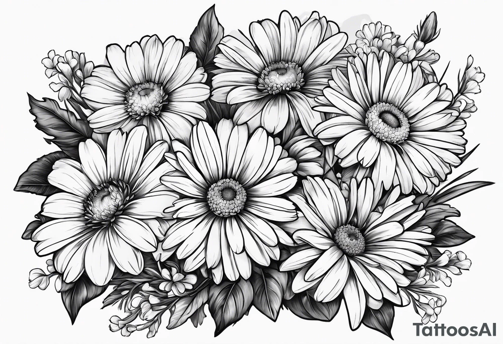 bouquet of daisy, aster, and carnations tattoo idea