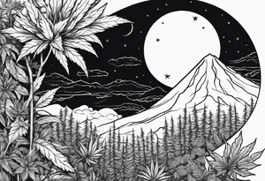 Eclipsed sun with negative space, cannabis plants and other forest botanicals tattoo idea