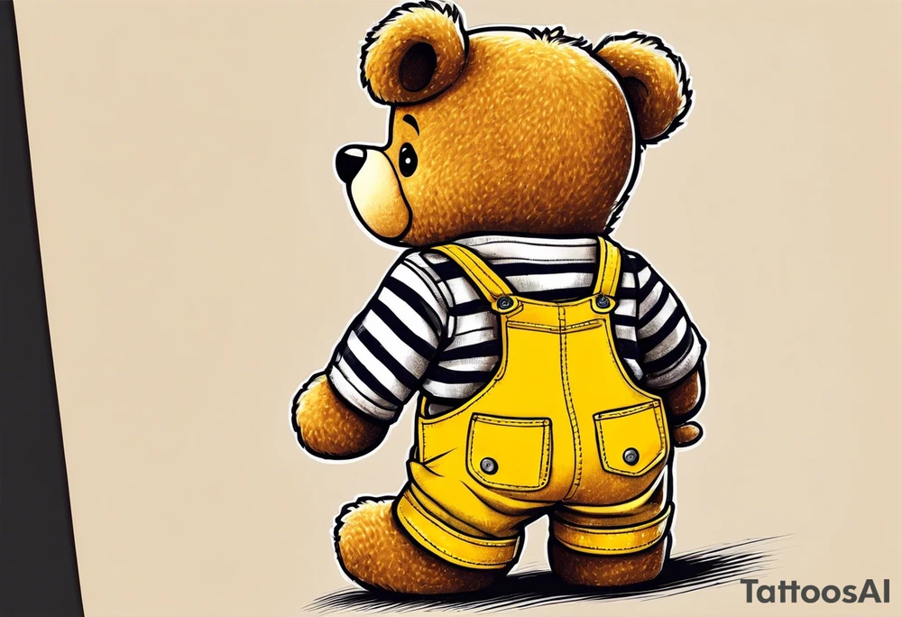 image of the back of a light brown teddy bear standing in yellow overalls, striped tank top and wearing boots and holding the hand of a little girl who is taller than him tattoo idea